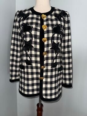 Vintage ESCADA Black & White Gingham Wool Blazer Heart Button Embellished Jacket